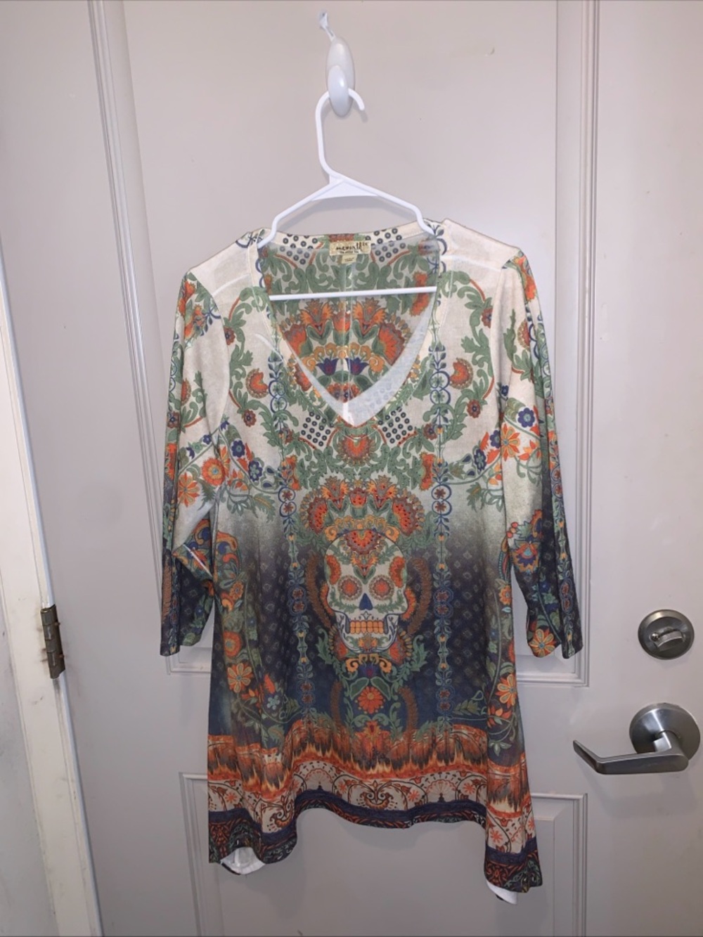 One World Women’s Multicolor Skull Beaded Tunic Art To Wear Size 2X